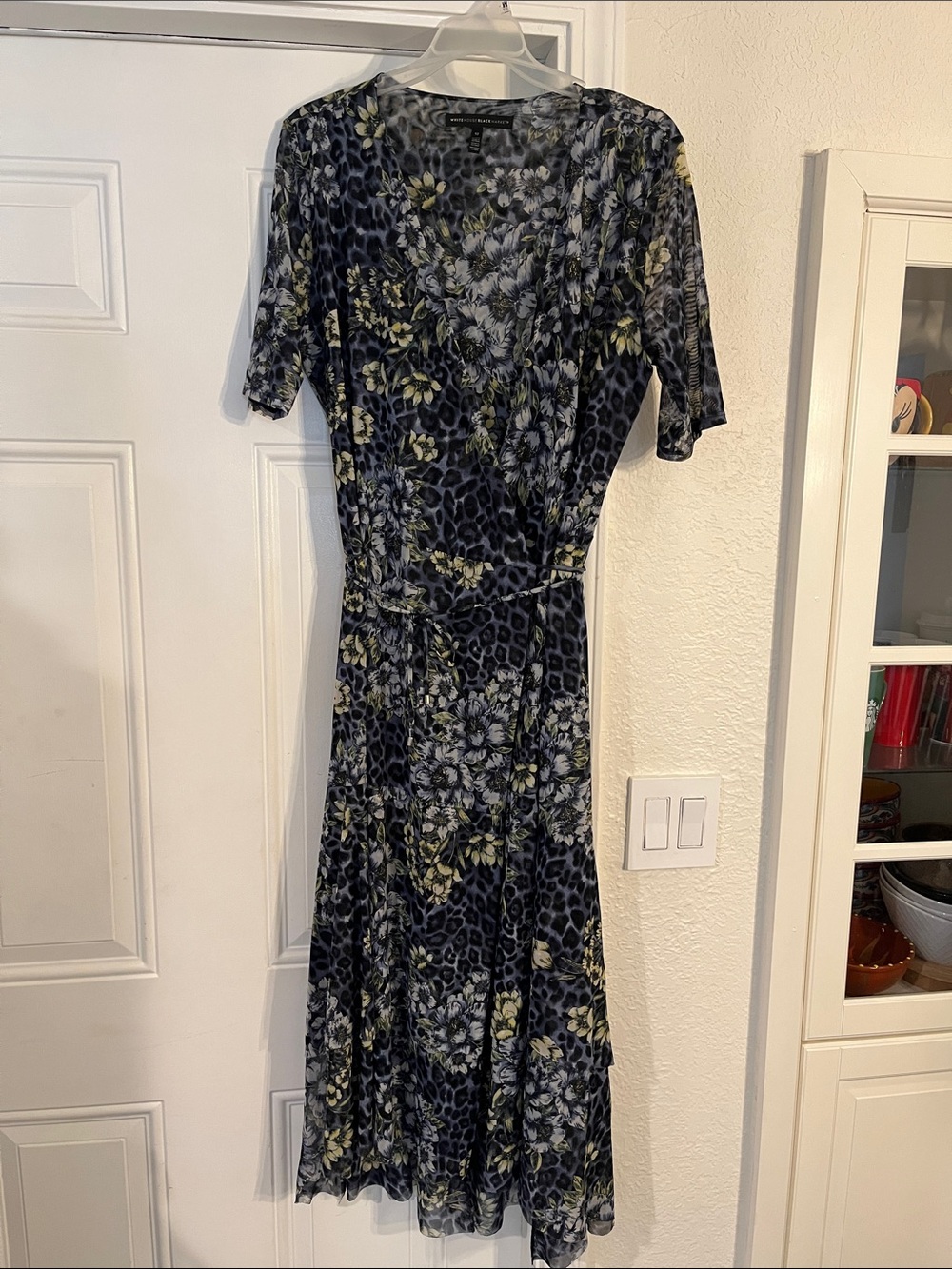 White House Black Market Blue and Green Floral Leopard Wrap Midi Dress